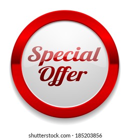 Round red special offer button on white background