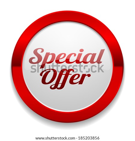 Round red special offer button on white background