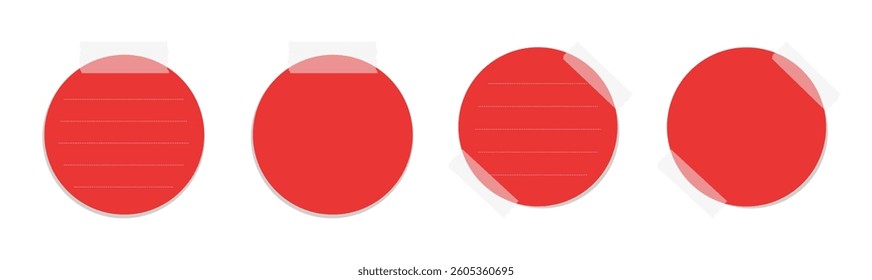 Round red sticky note template set. Taped office memo paper vector illustration.