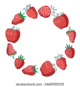 Round Red Strawberries frame. Wreath Doodle sketch with Red Berry isolated on white background. Vector sweet berries organic food for dessert menu, invitation, holiday greetings. Summer food element.