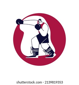 Round red template with Boxer in jersey and boxing gloves strikes. Male sportsman in modern outline minimal design. Flat Art Vector Illustration
