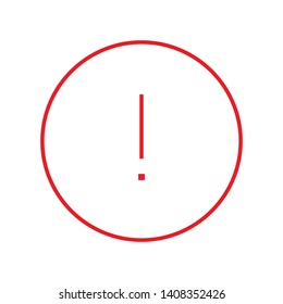Round red thin line exclamation point icon, button, attention symbol isolated on white background
