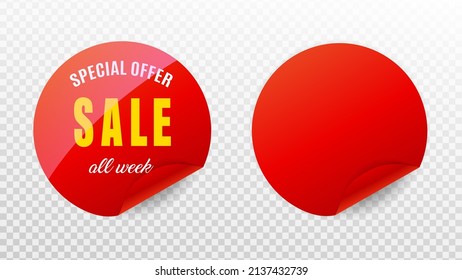 Round red vector stickers template with curled edge for sale discount and special offer isolated on transparent background. Vector illustration