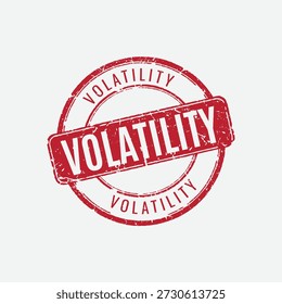 Round red volatility rubber stamp with double circle border and distressed ink for market analysis visuals