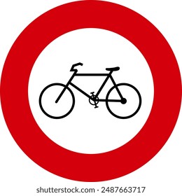 Cartel de prohibición redondo de color rojo, blanco y negro. No se permiten bicicletas más allá de este punto. Ilustración hecha el 11 de julio de 2024, Zurich, Suiza.