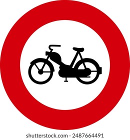 Round red, white and black colored prohibition sign no mopeds allowed beyond this point. Illustration made July 11th, 2024, Zurich, Switzerland.