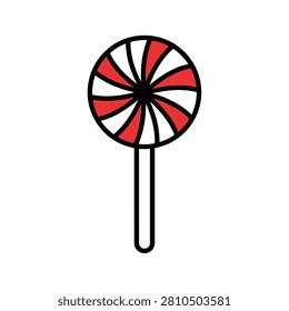 Round red and white peppermint flavored swirl lollipop on a stick, a classic sweet treat enjoyed by children and adults alike.