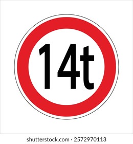 Round red and white road sign indicating a weight limit of fourteen tons, prohibiting the passage of heavy vehicles for safety reasons.