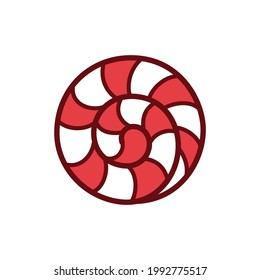 Round red and white striped peppermint candy cartoon vector illustration. Sticker, patch, clip art simple flat design