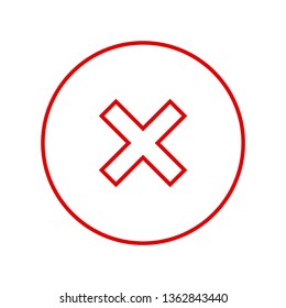 Round red X mark thin line icon, button, cross symbol on white background