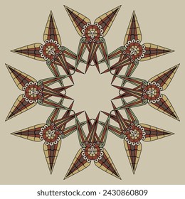 Round religious mandala with Six Winged Seraphim. Star shape frame with Christian angel or cherub. 
Isolated vector illustration.