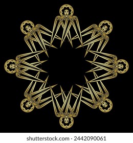 Round religious mandala with winged angels or cherubs. Golden glossy silhouettes on black background. 