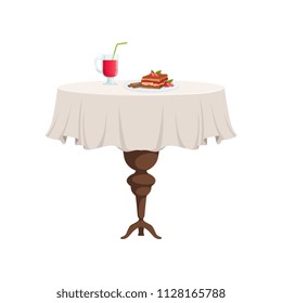 Round restaurant table with white tablecloth setting with glass of juice and piece of cake on a plate vector Illustration on a white background