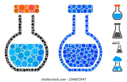 Round retort composition of spheric dots in variable sizes and color tinges, based on round retort icon. Vector round dots are composed into blue composition.