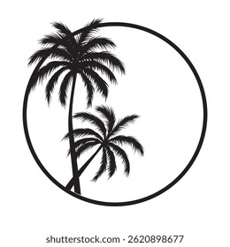 Round retro badge with silhouettes of palm trees. Vector illustration isolated on white background