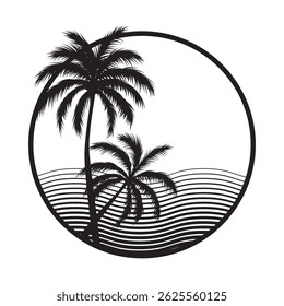 Round retro badge with silhouettes of palm trees and waves. Vector illustration isolated on white background