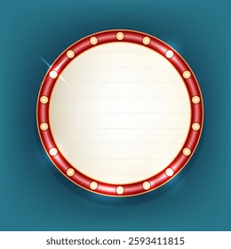 Round retro board or lightbox for casino. Vector vintage sign with lamps for theater or movie, cinema or entertainment show. Blank or empty wall signpost. Background or backdrop, border for text.
