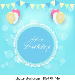 Round retro frame and balloons Greeting card, Happy Birthday card, Invitation blue background