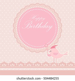 Round retro frame with bird Greeting card, Happy Birthday card,  template or background