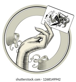 Round retro label with ribbon and woman's hand holding Joker playing card. Casino game retro concept design. Vintage engraving stylized drawing. Vector 
illustration