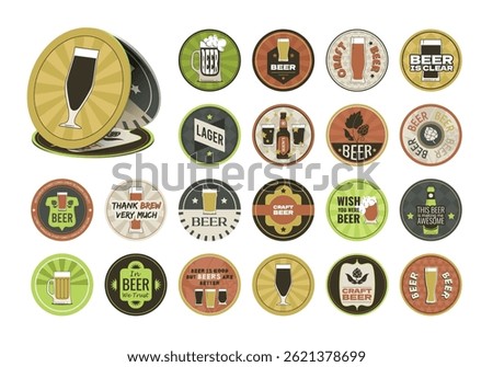 Round retro styled beer mats collection. 10,7 mm diameter. beverage coasters vector template. Vintage drawing for bar or pub, beer restaurant. Circle bierdeckers for placing a beer mug or beer glass.