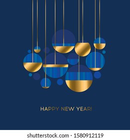 Round retro vibes abstract shapes in gold and blue for card, header, invitation, poster, social media, post publication. Xmas mood abstract baubles.
