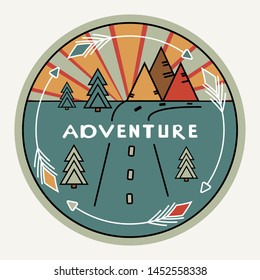 Round retro or vintage style. Outdoor decor for cars, travel. Mountains, pines, sunset. Inscription Adventure. The emblem of tourism. The symbol of the road. Club label for prints, clothes.