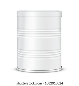 Round Ribbed White Glossy Tin Can With Plastic Lid For Baby Milk Nutrition Or Other Food. EPS10 Vector