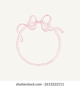 Round ribbon bow frame. Vintage vector illustration. Hand drawn aesthetic vertical border. Christmas, Valentines day, birthday, menu, bachelorette party design line art elements
