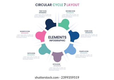 Runder Ring unterteilt in 7 farbige Teile. Konzept von sieben Funktionen der Entwicklungsstrategie für Start-up. Einfache flache, infografische Vektorgrafik für die Visualisierung von Geschäftsinformationen