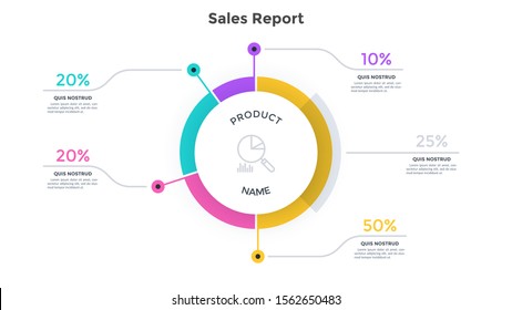 Round ring-like chart divided into 4 parts and percentage indication. Concept of product sales report. Simple infographic design template. Vector illustration for business information visualization.