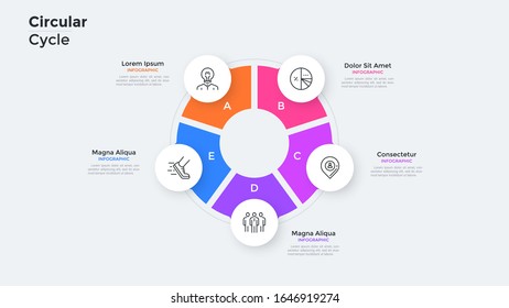 Round ring-like chart divided into 5 colorful sectors. Concept of five stages of production cycle. Simple infographic design template. Vector illustration for business information visualization.