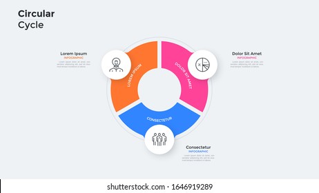 Gráfico circular tipo anillo dividido en 3 sectores coloridos. Concepto de las etapas del ciclo de producción. Plantilla de diseño gráfico simple. Ilustración vectorial para la visualización de la información empresarial.