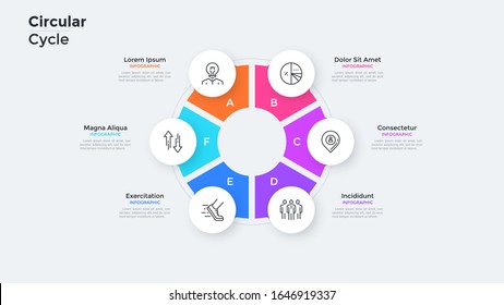 Round ring-like chart divided into 6 colorful sectors. Concept of six stages of production cycle. Simple infographic design template. Vector illustration for business information visualization.