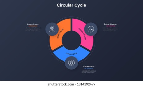 Gráfico circular tipo anillo dividido en 3 sectores coloridos. Concepto de las etapas del ciclo de producción. Plantilla sencilla de diseño infográfico. Ilustración vectorial para la visualización de la información empresarial.