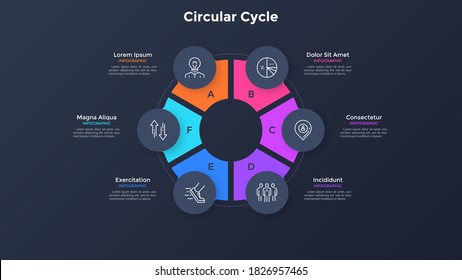 Gráfico circular tipo anillo dividido en 6 sectores coloridos. Concepto de seis etapas del ciclo de producción. Plantilla sencilla de diseño infográfico. Ilustración vectorial para la visualización de la información empresarial.