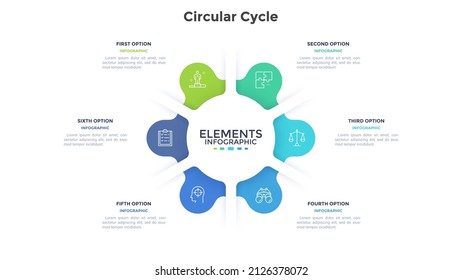 Gráfico circular redondeado tipo anillo dividido en 6 partes coloridas. Concepto de seis características de la estrategia de desarrollo inicial. Ilustración simple de vectores de infografía plana para visualización de información empresarial.