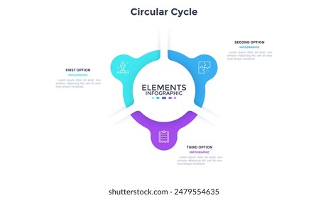 Round ring-like pie chart divided into 3 colorful parts. Concept of three features of startup development strategy. Simple flat infographic vector illustration for business information visualization.