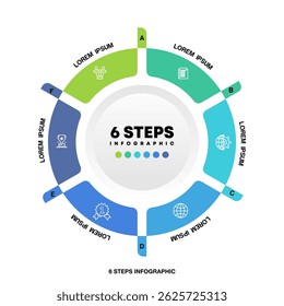 Round ring-like pie chart divided into 6 colorful parts. Concept of six features of startup development strategy. Simple flat infographic vector illustration for business information visualization.