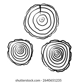 Round rings of Wooden saw cut woodworking. Hand drawn vector sketch with Wood discs, lumber round moldings birch, ash, oak. Vector illustration for design. Nature, decor, construction, forest tree