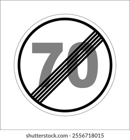 Round road sign indicating the end of a minimum speed limit of 70, promoting road safety and traffic regulations.