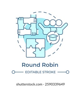 Round robin soft blue concept icon. Collaboration hands, teamwork. Learning methodology. Round shape line illustration. Abstract idea. Graphic design. Easy to use in infographic, presentation
