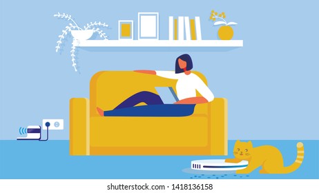 Round Robot Cleaner Cartoon Flat Vector Illustration. Girl Lying on Sofa and Working on Laptop. Robot Vacuuming Wool From Cat on Floor that is Playing with Equipment. Remote Station Charging.