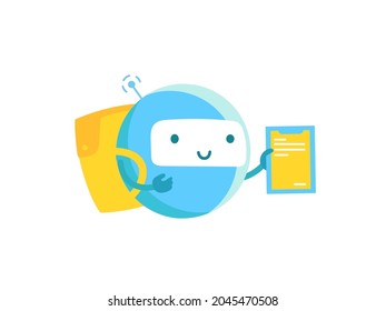 Round robot delivery service. Courier with a backpack. Vector illustration.