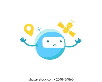 Robot redondo. El satélite GPS está perdido. Carácter. la señal perdida no puede encontrar la pista. Vector de dibujos animados.