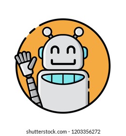 Round robot icon line style on white background. Funny robots greeting, waving hands, listening to music. Vector illustration in flat style.