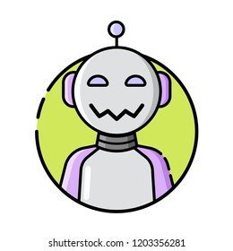 Round robot icon line style on white background. Funny robots greeting, waving hands, listening to music. Vector illustration in flat style.