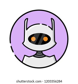 Round robot icon line style on white background. Funny robots greeting, waving hands, listening to music. Vector illustration in flat style.