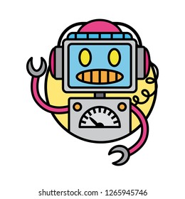 Round robot icon line style on white background. Funny robots greeting, waving hands, listening to music. Vector illustration in flat style.