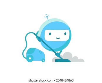 Round robot with vacuum cleaner. Housework cleaning service. Vector illustration.